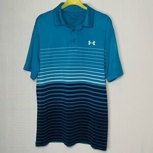 Under Armour Mens The Playoff Polo Sz M Aqua Blue White Stripe Golf Lightweight